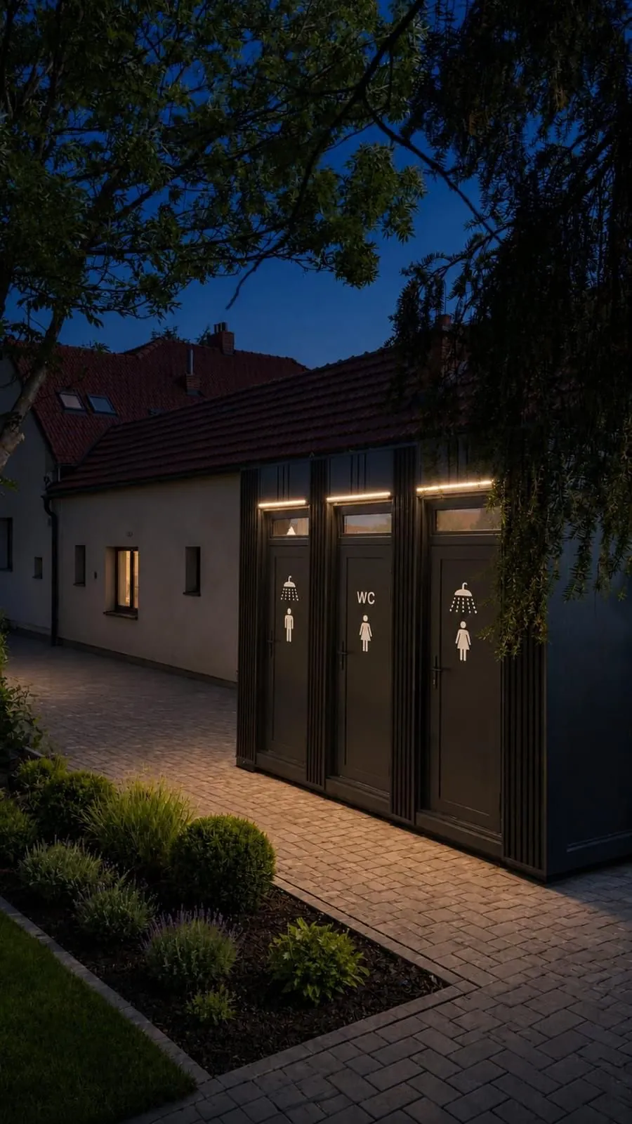 Illuminated sanitary building at dusk
