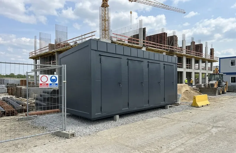 Site module used as a construction office in front of a shell building