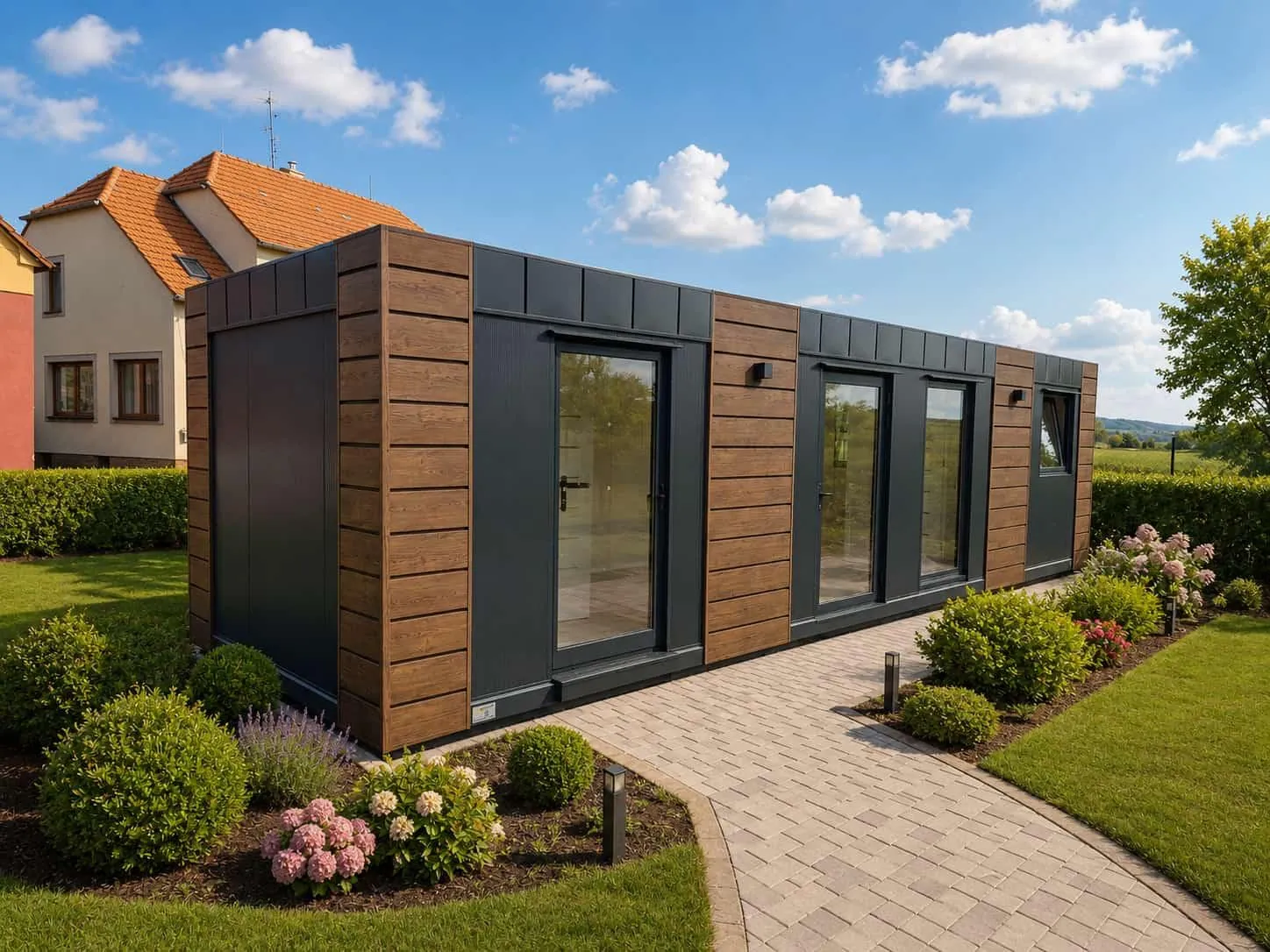 Modular house with timber and anthracite facade in a landscaped garden